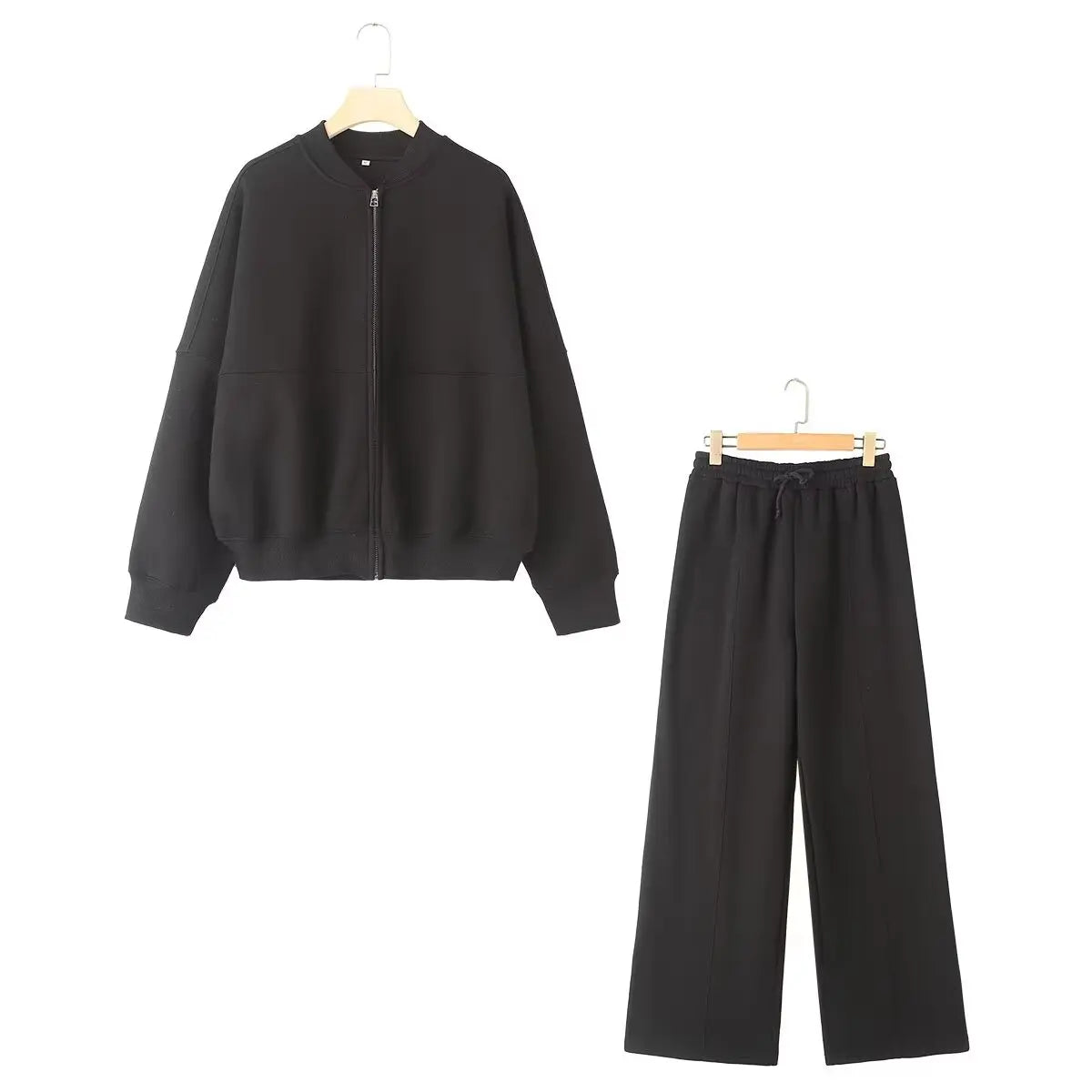 HH Women's Fall 2-Piece Retro Solid Color Zip Bomber Jacket Sweatshirt+High Waist Lace Up Women's Wide Leg Pants Street Wear Maison Lilia