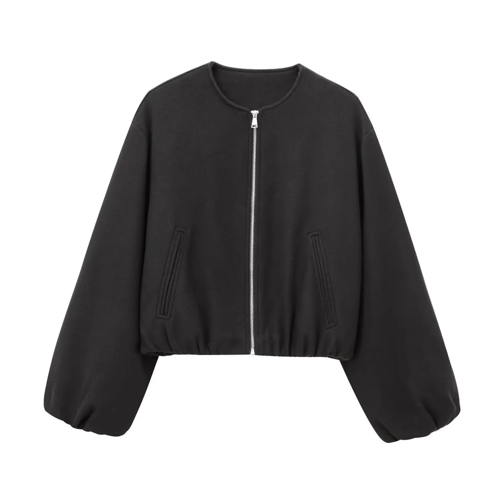 Ladies Fashion Autumn Winter Jacket Women Retro Round Neck Long Sleeve Elastic Hem Zipper Soft Bomber Jacket Women Coat Female Maison Lilia
