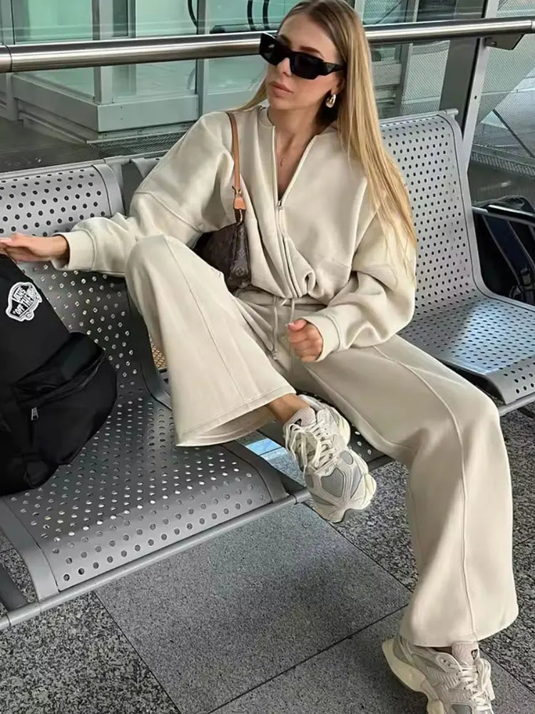 HH Women's Fall 2-Piece Retro Solid Color Zip Bomber Jacket Sweatshirt+High Waist Lace Up Women's Wide Leg Pants Street Wear Maison Lilia