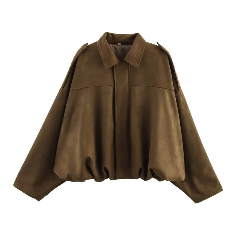 ETJ 2025  Spring new women's suede texture effect Loose version of fashion lapel shoulder bomber jacket Maison Lilia