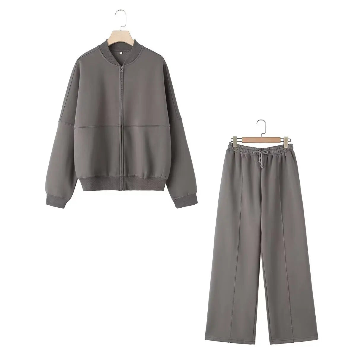 HH Women's Fall 2-Piece Retro Solid Color Zip Bomber Jacket Sweatshirt+High Waist Lace Up Women's Wide Leg Pants Street Wear Maison Lilia