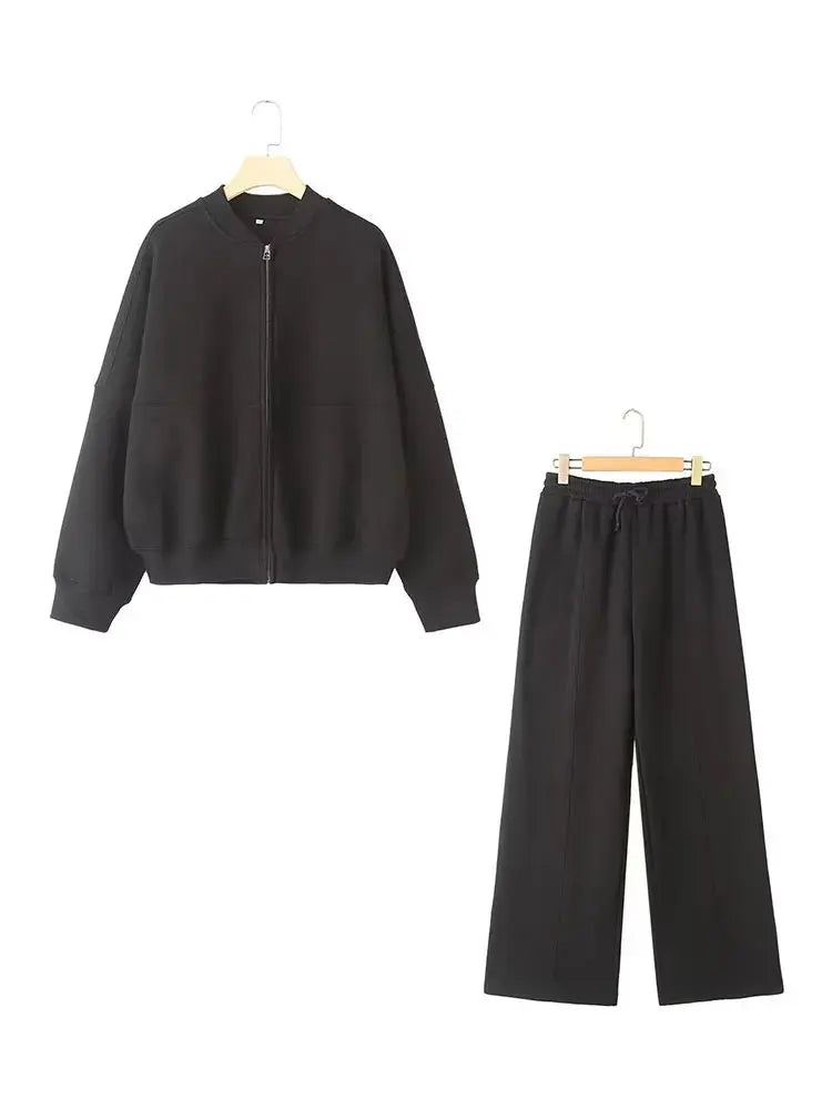 HH Women's Fall 2-Piece Retro Solid Color Zip Bomber Jacket Sweatshirt+High Waist Lace Up Women's Wide Leg Pants Street Wear Maison Lilia