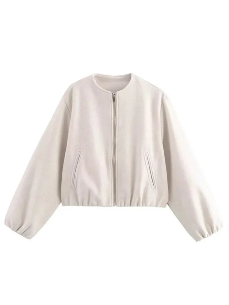 Ladies Fashion Autumn Winter Jacket Women Retro Round Neck Long Sleeve Elastic Hem Zipper Soft Bomber Jacket Women Coat Female Maison Lilia