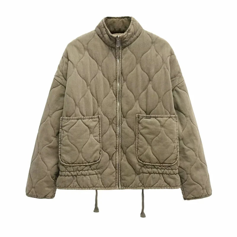 ZW Women's Cotton Jacket  2025 New Arrival Vintage Lenzing Rayon High Collar Large Pocket Decorative Quilted Coat for Women Maison Lilia