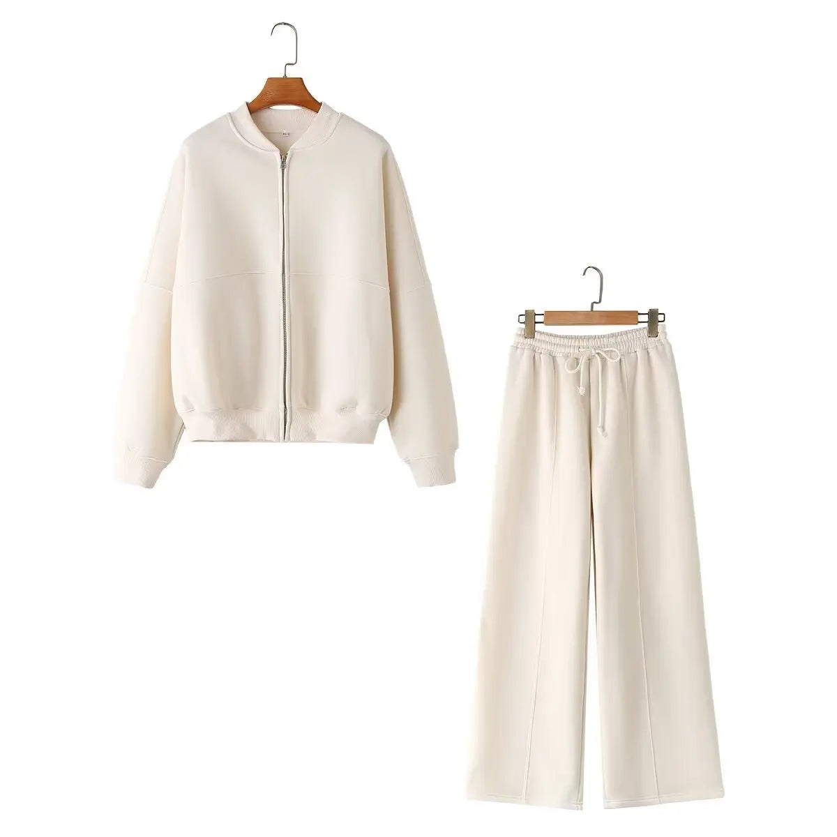 HH Women's Fall 2-Piece Retro Solid Color Zip Bomber Jacket Sweatshirt+High Waist Lace Up Women's Wide Leg Pants Street Wear Maison Lilia