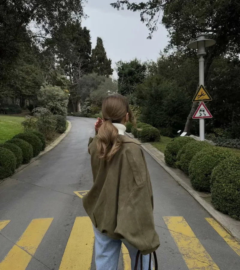ETJ 2025  Spring new women's suede texture effect Loose version of fashion lapel shoulder bomber jacket Maison Lilia
