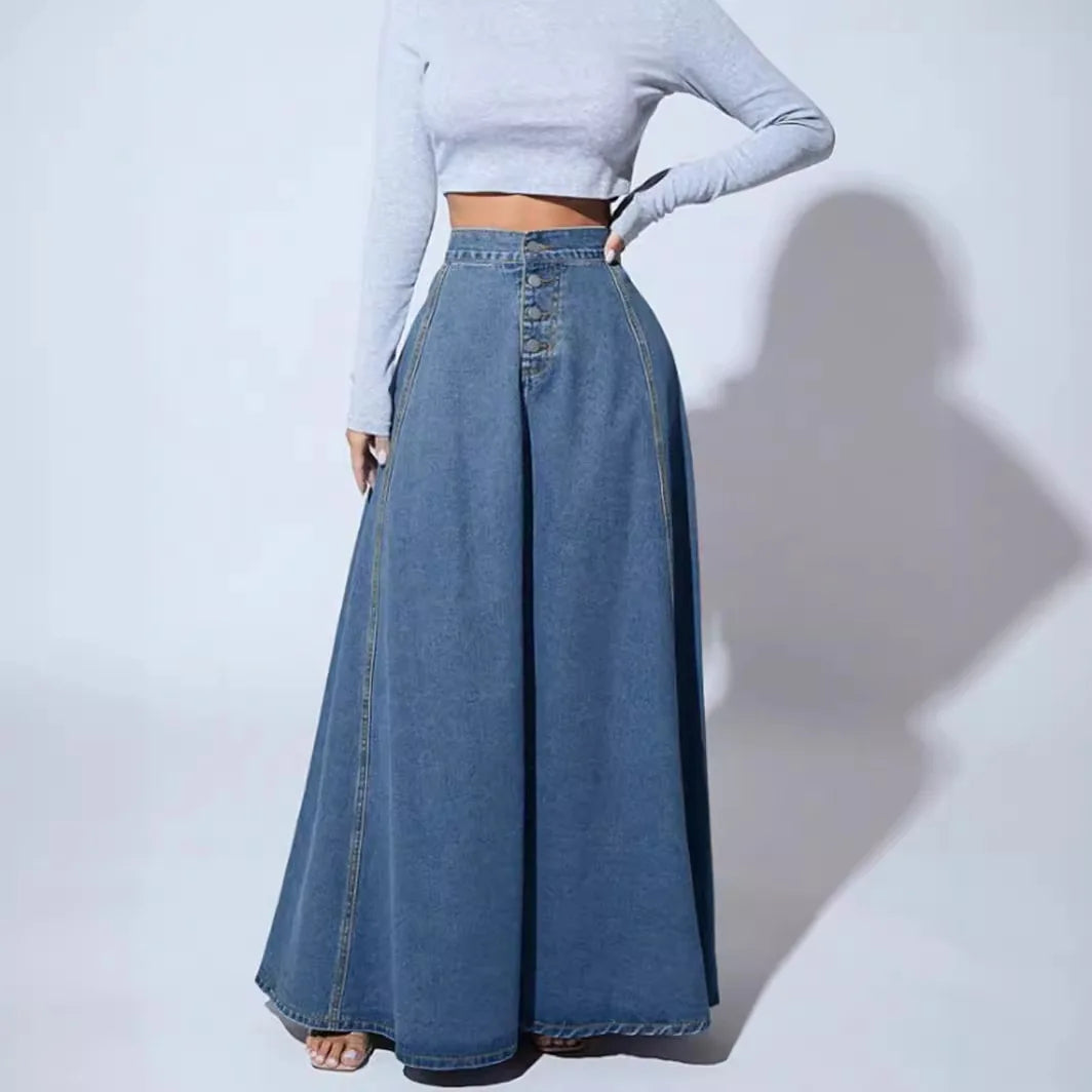 Denim Skirts for Women Vintage Casual Long Skirt High Waist Washed Distressed Single Breasted Female A Line 2025 Streetwear Maison Lilia