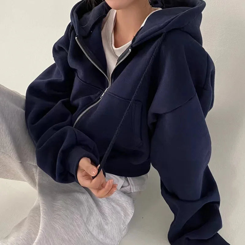 2024 Spring Autumn New Insfleece-lined Versatile Cropped Slims Smooths Silhouette Zip-up Warm Navy Blue Hooded Sweatshirt Women Maison Lilia