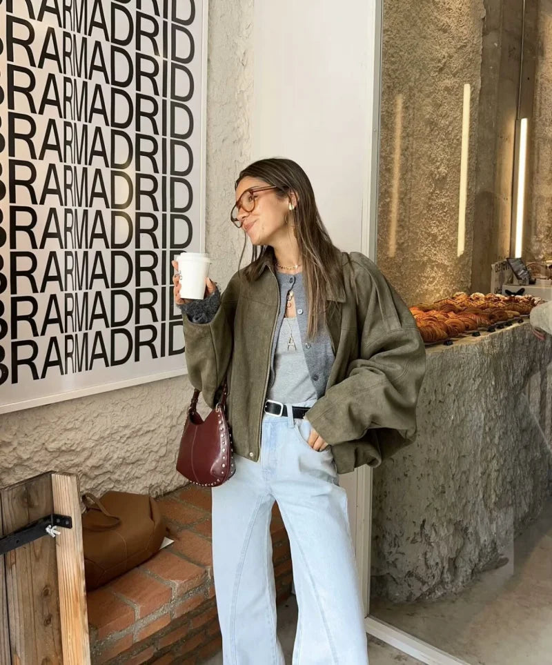 ETJ 2025  Spring new women's suede texture effect Loose version of fashion lapel shoulder bomber jacket Maison Lilia