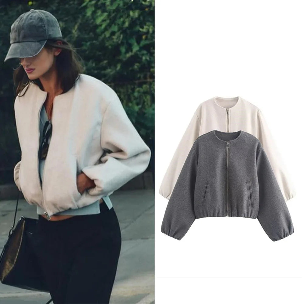 Ladies Fashion Autumn Winter Jacket Women Retro Round Neck Long Sleeve Elastic Hem Zipper Soft Bomber Jacket Women Coat Female Maison Lilia