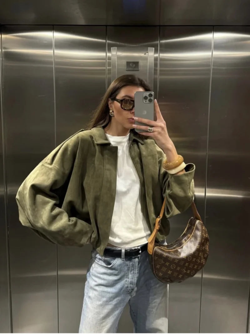 ETJ 2025  Spring new women's suede texture effect Loose version of fashion lapel shoulder bomber jacket Maison Lilia