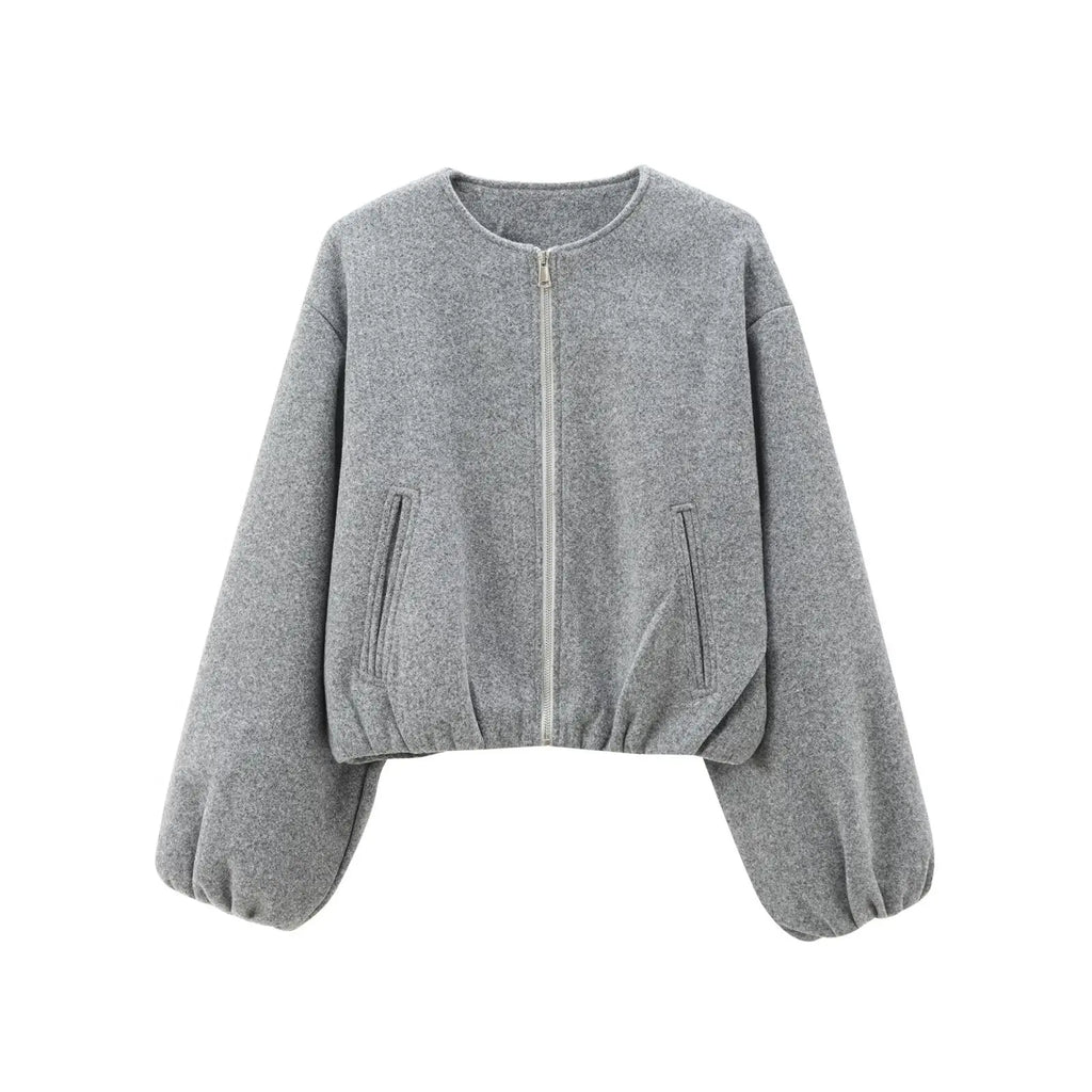 Ladies Fashion Autumn Winter Jacket Women Retro Round Neck Long Sleeve Elastic Hem Zipper Soft Bomber Jacket Women Coat Female Maison Lilia