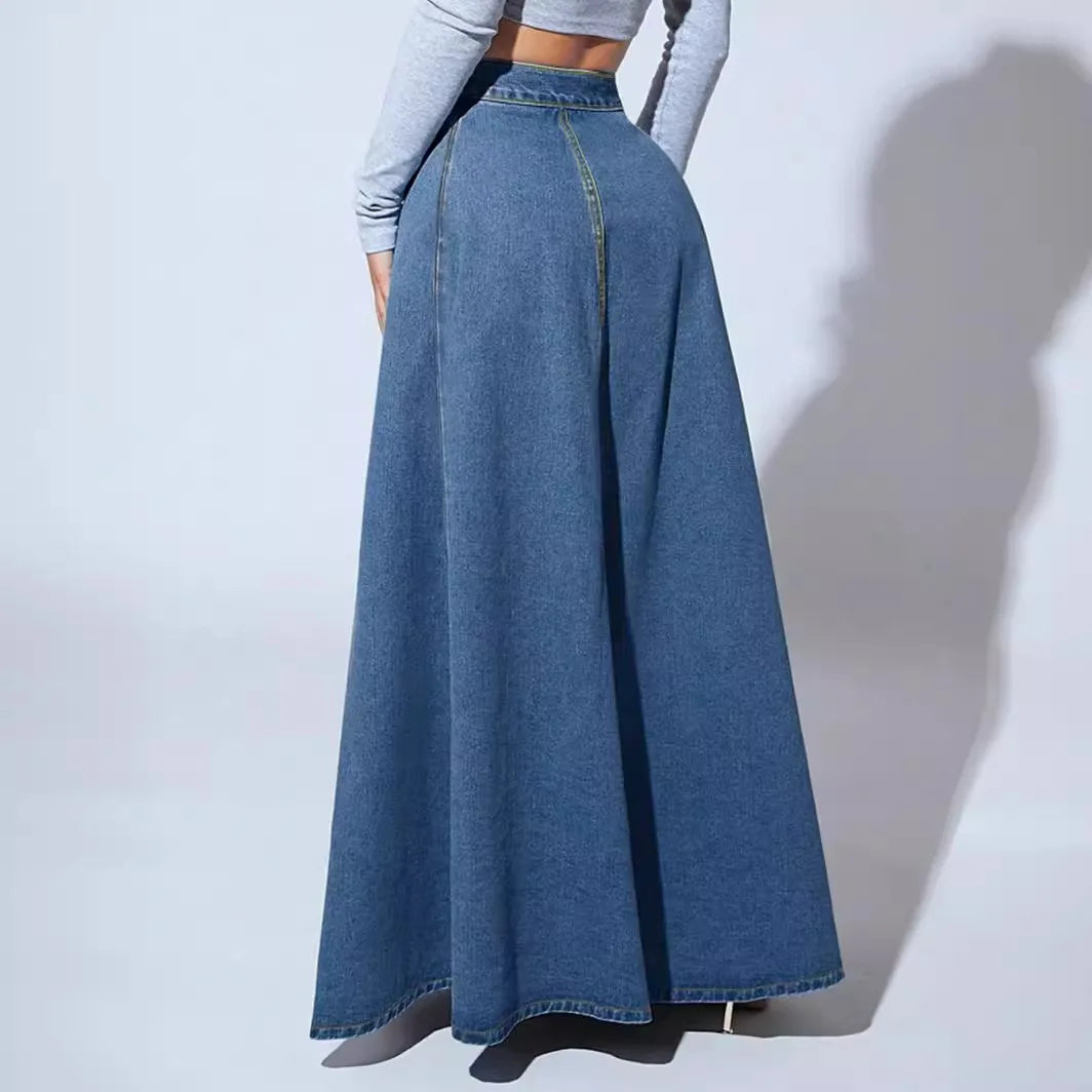 Denim Skirts for Women Vintage Casual Long Skirt High Waist Washed Distressed Single Breasted Female A Line 2025 Streetwear Maison Lilia