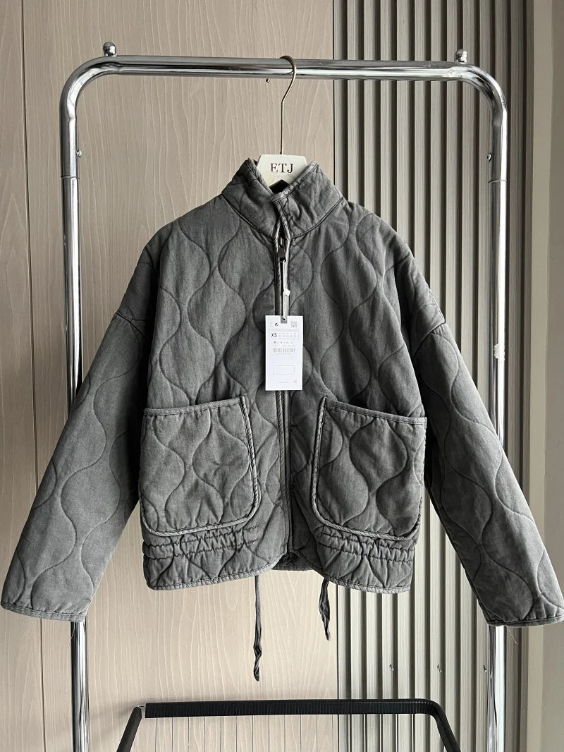 ZW Women's Cotton Jacket  2025 New Arrival Vintage Lenzing Rayon High Collar Large Pocket Decorative Quilted Coat for Women Maison Lilia
