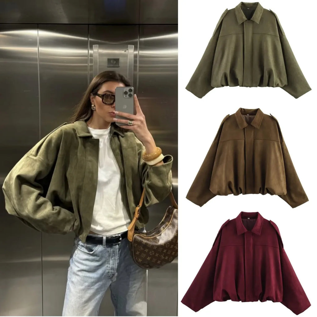 ETJ 2025  Spring new women's suede texture effect Loose version of fashion lapel shoulder bomber jacket Maison Lilia