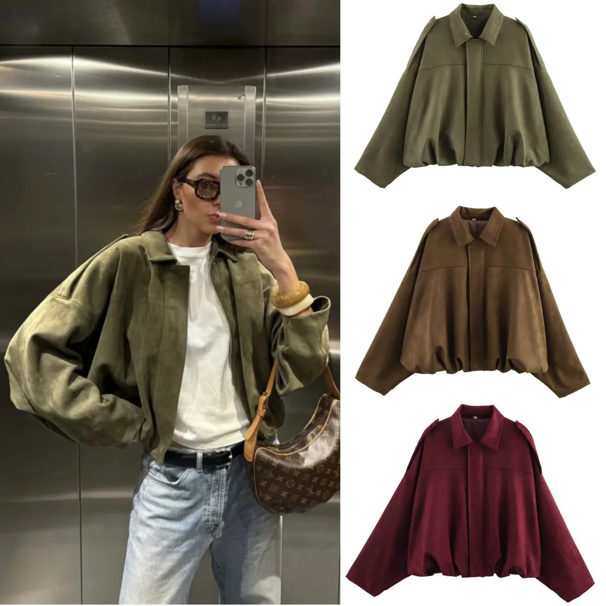 ETJ 2025  Spring new women's suede texture effect Loose version of fashion lapel shoulder bomber jacket Maison Lilia