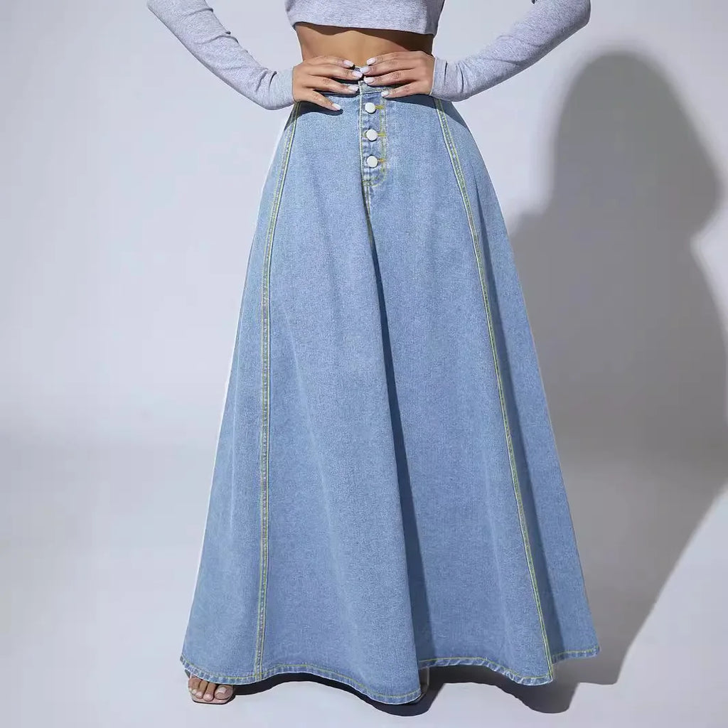 Denim Skirts for Women Vintage Casual Long Skirt High Waist Washed Distressed Single Breasted Female A Line 2025 Streetwear Maison Lilia